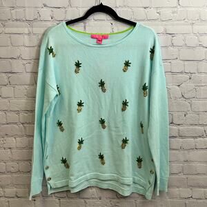 Lilly Pulizter Caralynn Sweater Whisper Blue Bling Sequin Pineapples Medium NEW